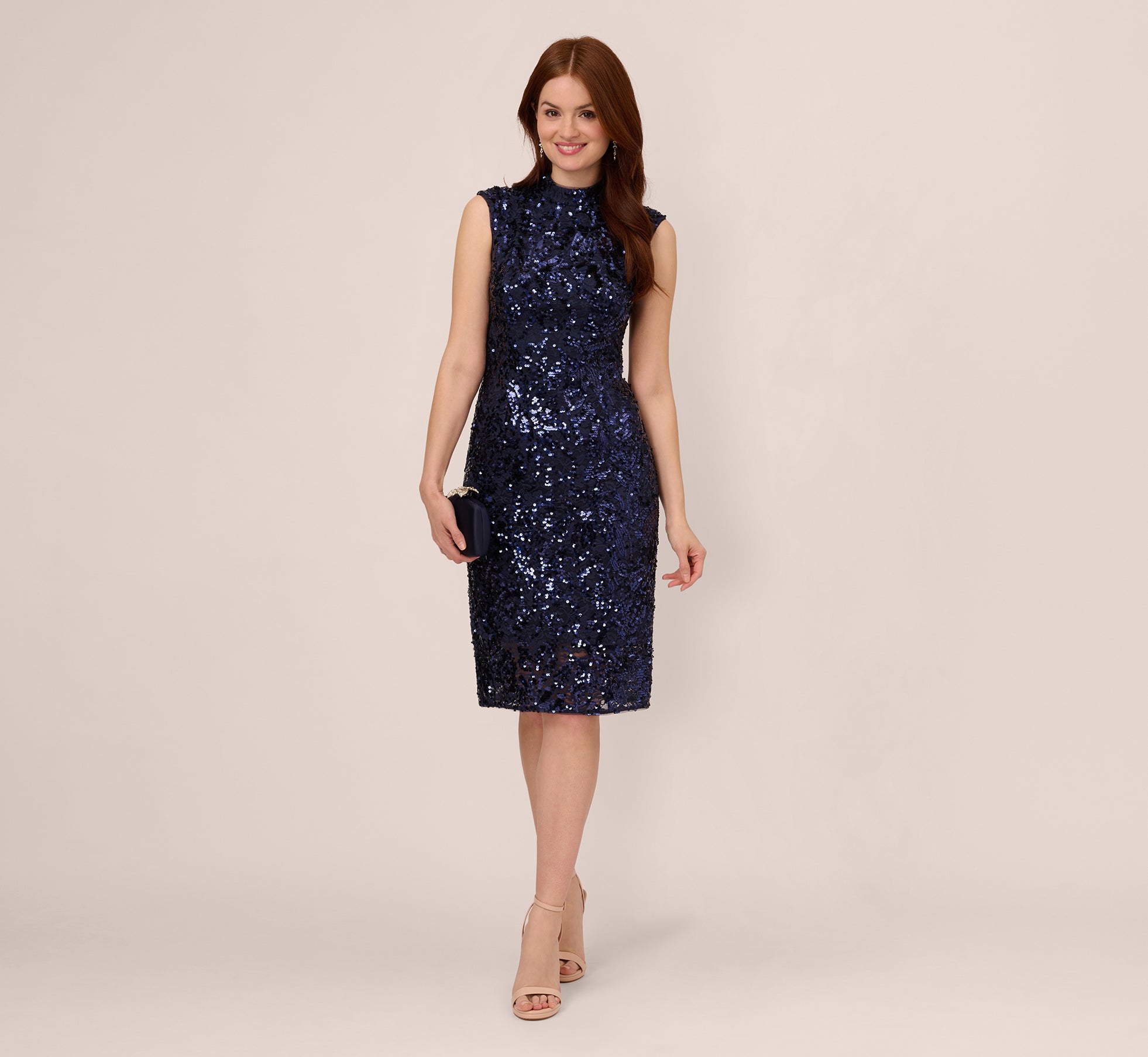 Sequin Lace Sleeveless Midi Dress With Mock Neck In Navy