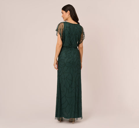 Beaded Blouson Mermaid Gown With Sheer Dolman Sleeves In Dusty Emerald