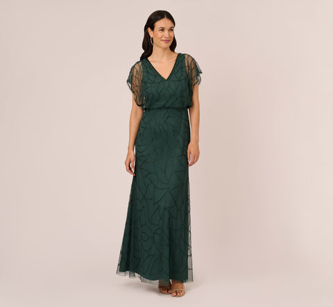 Beaded Blouson Mermaid Gown With Sheer Dolman Sleeves In Dusty Emerald Adrianna Papell