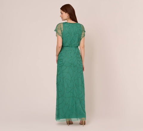 Beaded Blouson Mermaid Gown With Sheer Dolman Sleeves In Jungle Green