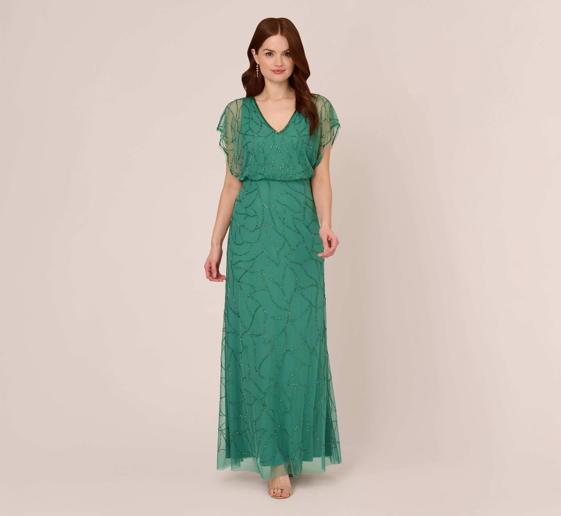 Beaded Blouson Mermaid Gown With Sheer Dolman Sleeves In Jungle Green 1