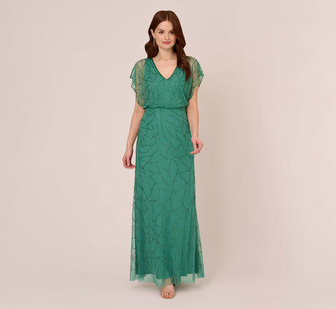 Beaded Blouson Mermaid Gown With Sheer Dolman Sleeves In Jungle Green