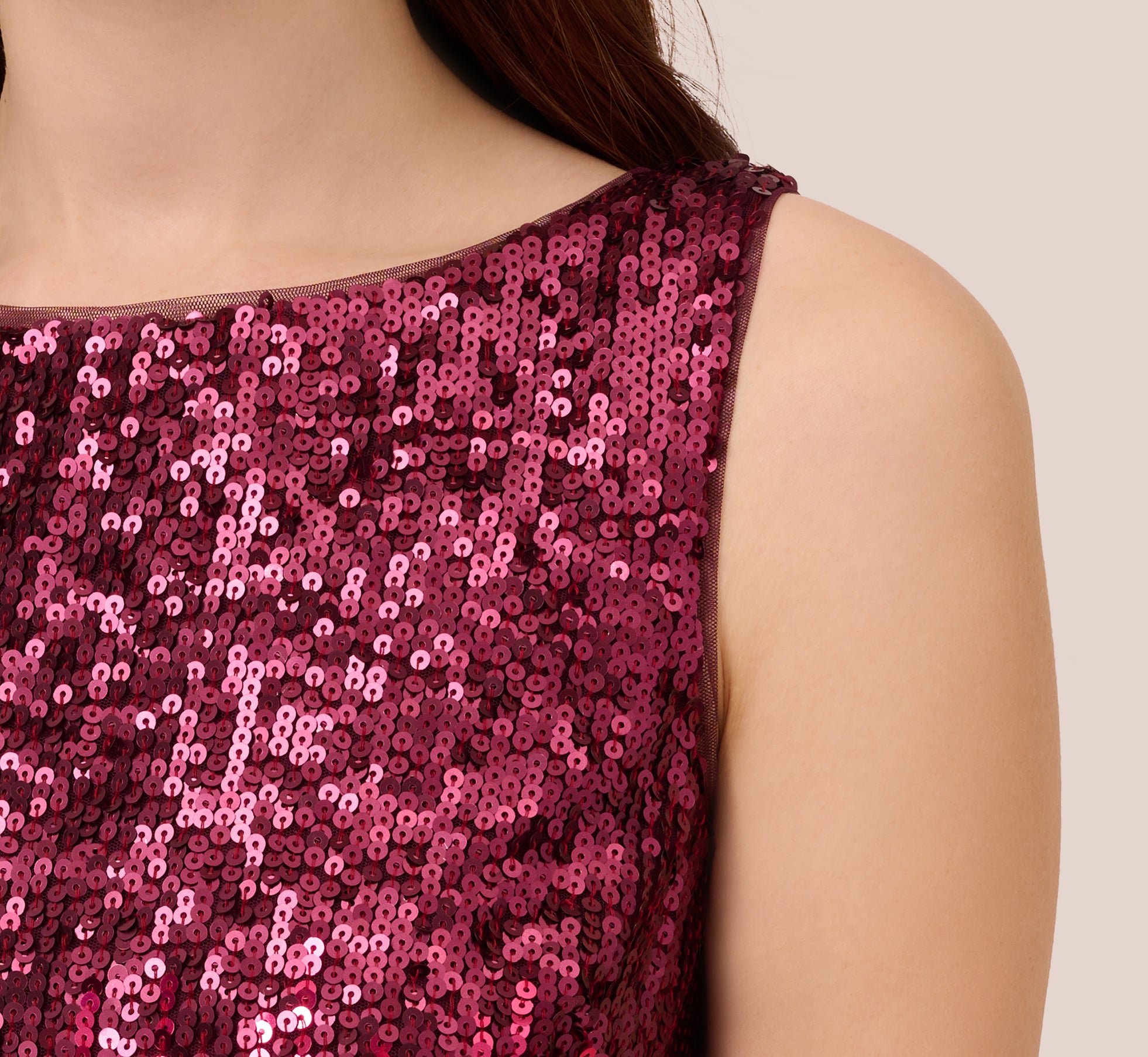 Ombre Sequin Sleeveless Sheath Dress With V Back In Cassis