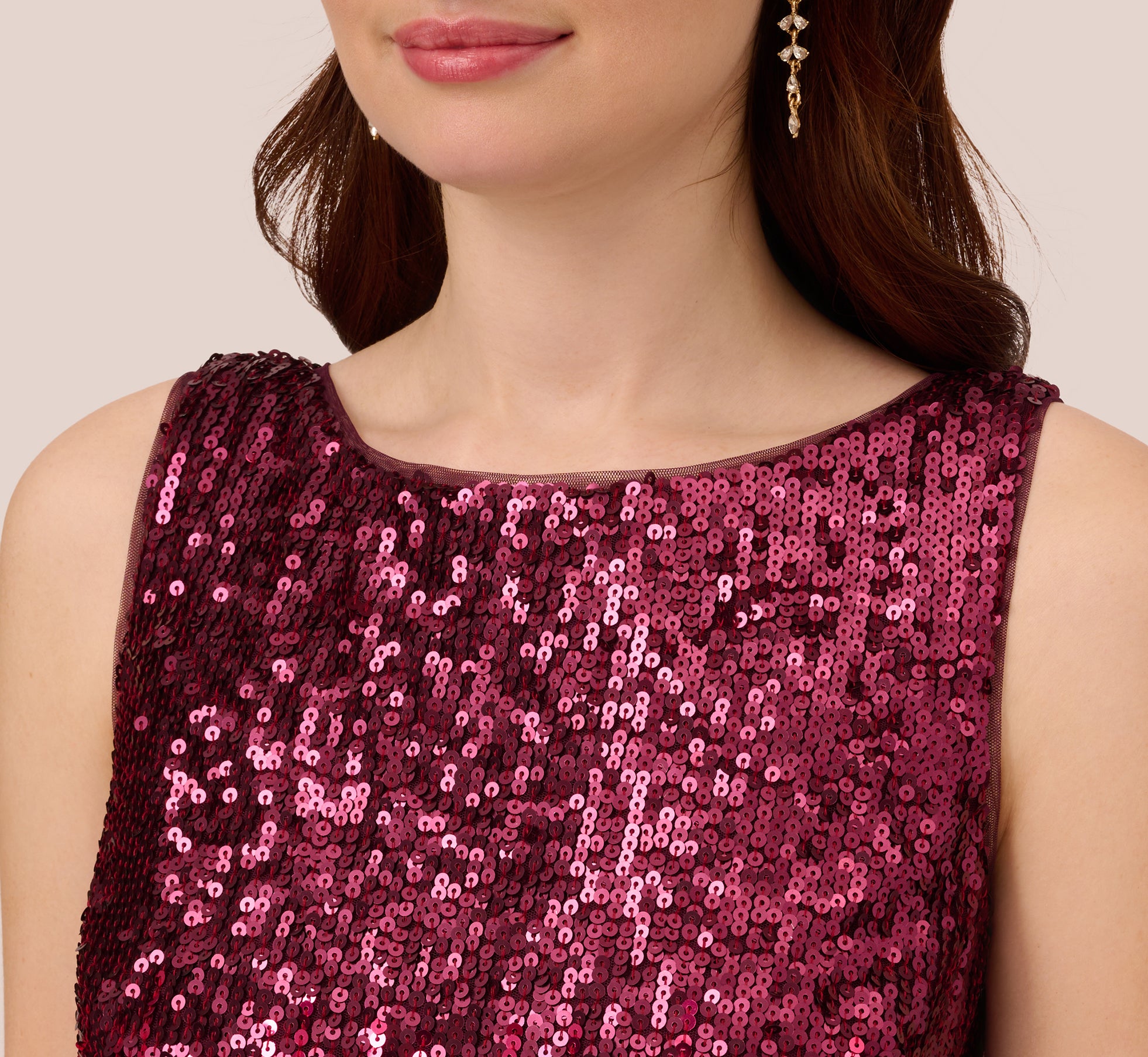 Ombre Sequin Sleeveless Sheath Dress With V Back In Cassis