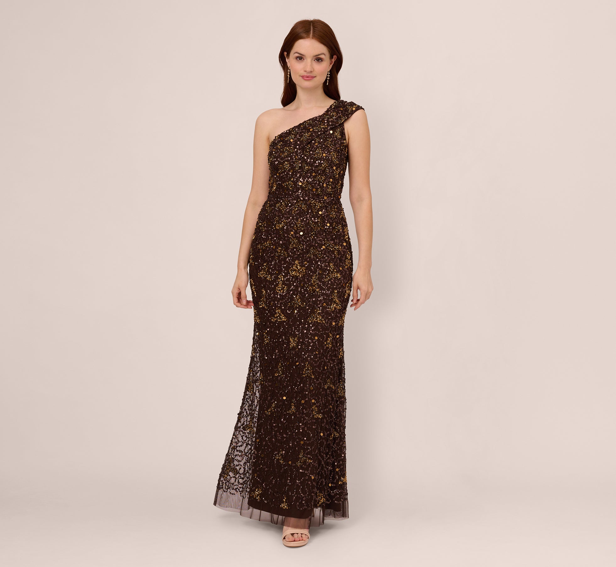 One Shoulder Beaded Mermaid Gown In Chocolate