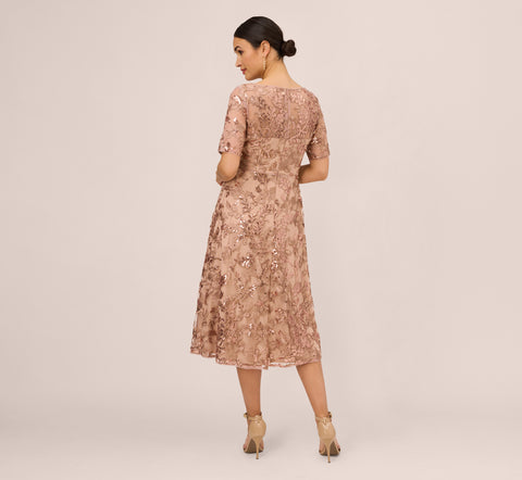 Sequin Embroidered Midi Dress With Sheer Short Sleeves In Almondine