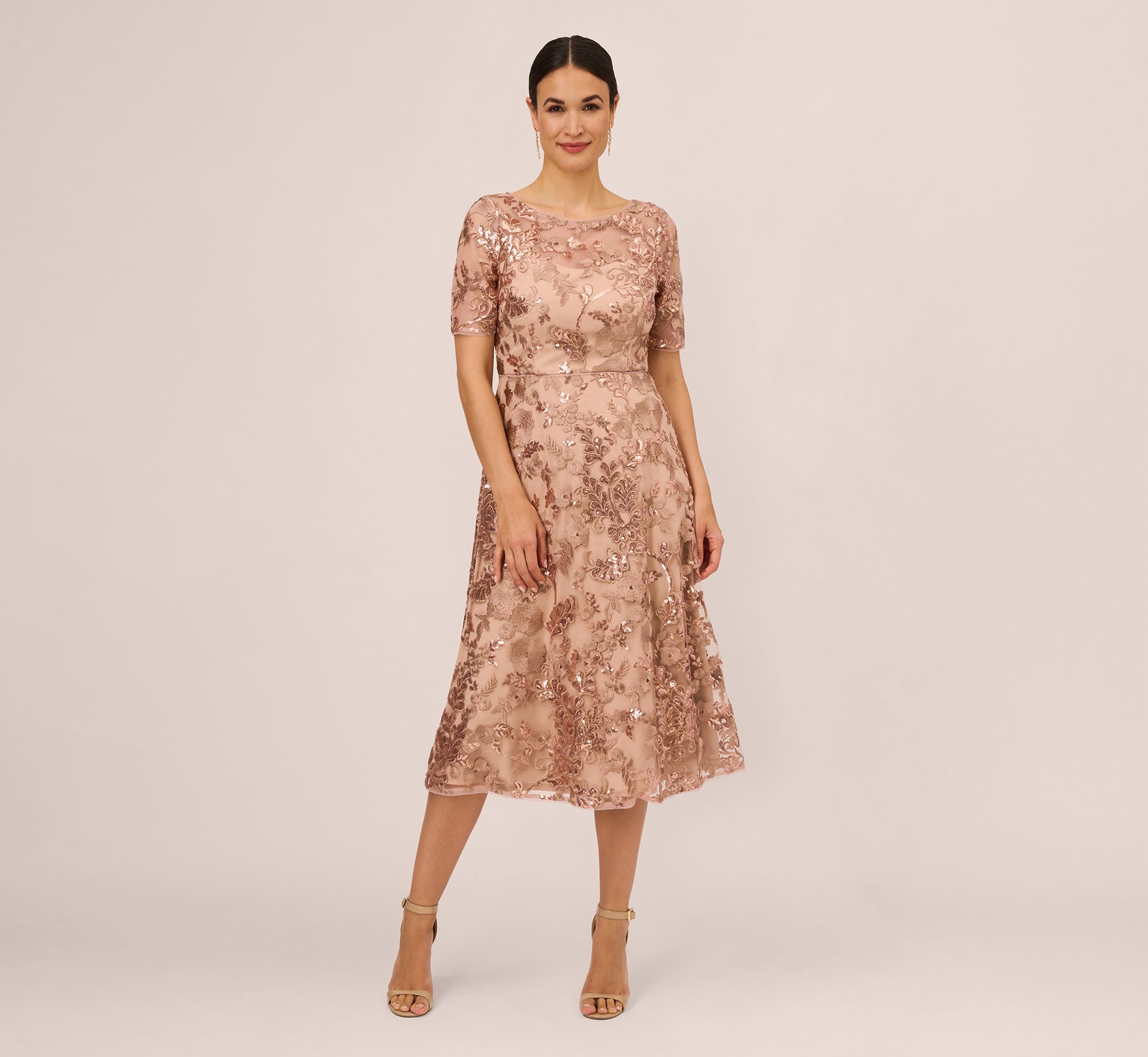 Sequin Embroidered Midi Dress With Sheer Short Sleeves In Almondine 1