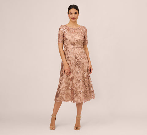 Sequin Embroidered Midi Dress With Sheer Short Sleeves In Almondine