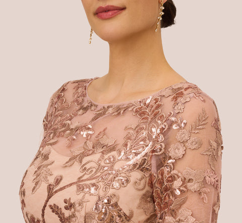 Sequin Embroidered Midi Dress With Sheer Short Sleeves In Almondine