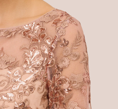 Sequin Embroidered Midi Dress With Sheer Short Sleeves In Almondine