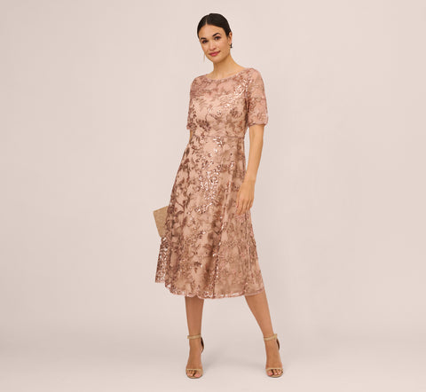 Sequin Embroidered Midi Dress With Sheer Short Sleeves In Almondine