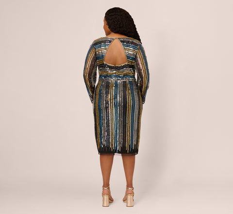 Plus Size Sequin Beaded Sheath Dress With Sheer Long Sleeves In Black Blue Multi