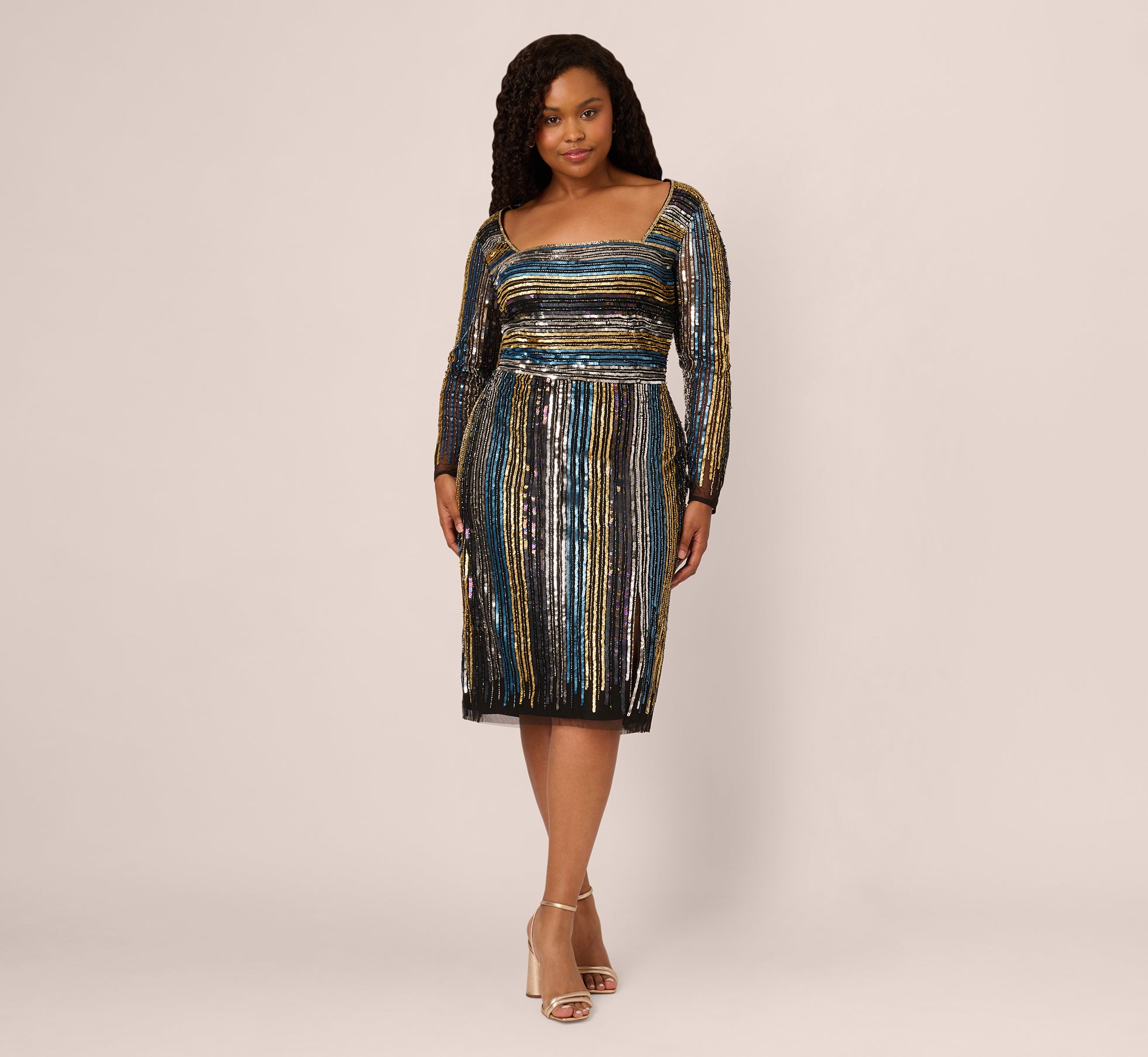 Plus Size Sequin Beaded Sheath Dress With Sheer Long Sleeves In Black Blue Multi 1