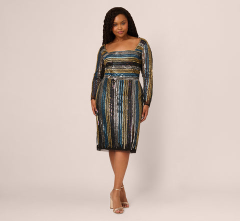 Plus Size Sequin Beaded Sheath Dress With Sheer Long Sleeves In Black Blue Multi