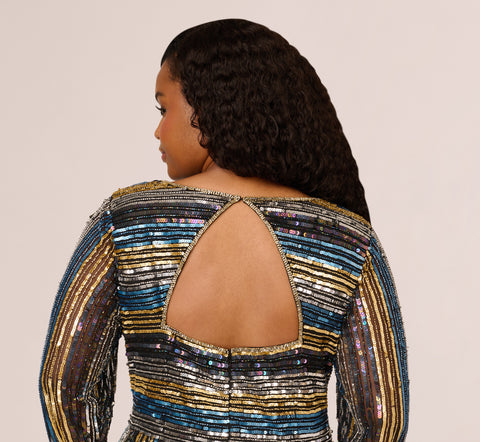 Plus Size Sequin Beaded Sheath Dress With Sheer Long Sleeves In Black Blue Multi