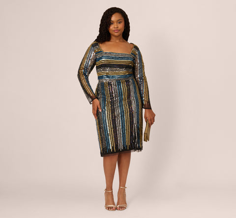 Plus Size Sequin Beaded Sheath Dress With Sheer Long Sleeves In Black Blue Multi