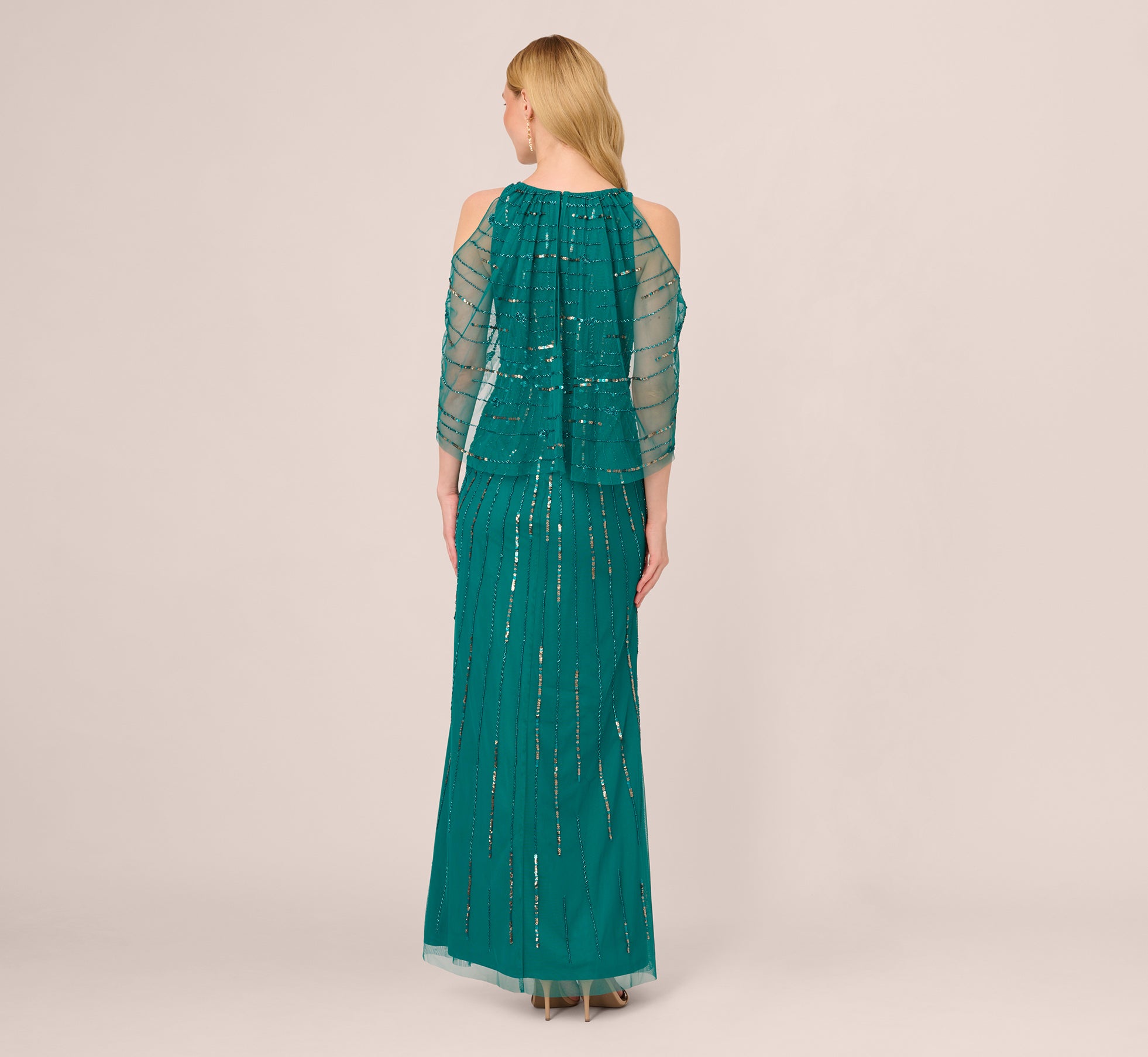 Cold Shoulder Beaded Cape Gown In Vivid Emerald Adrianna Papell