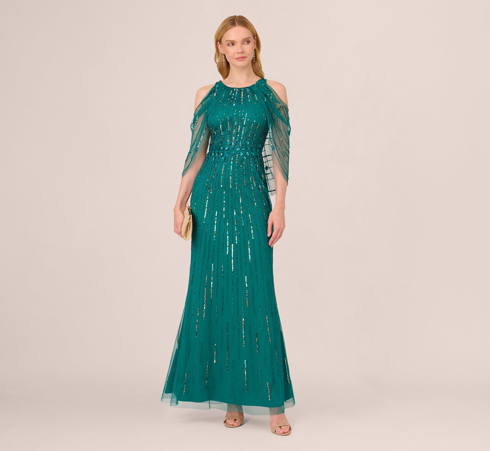 Cold Shoulder Beaded Cape Gown In Vivid Emerald Adrianna Papell