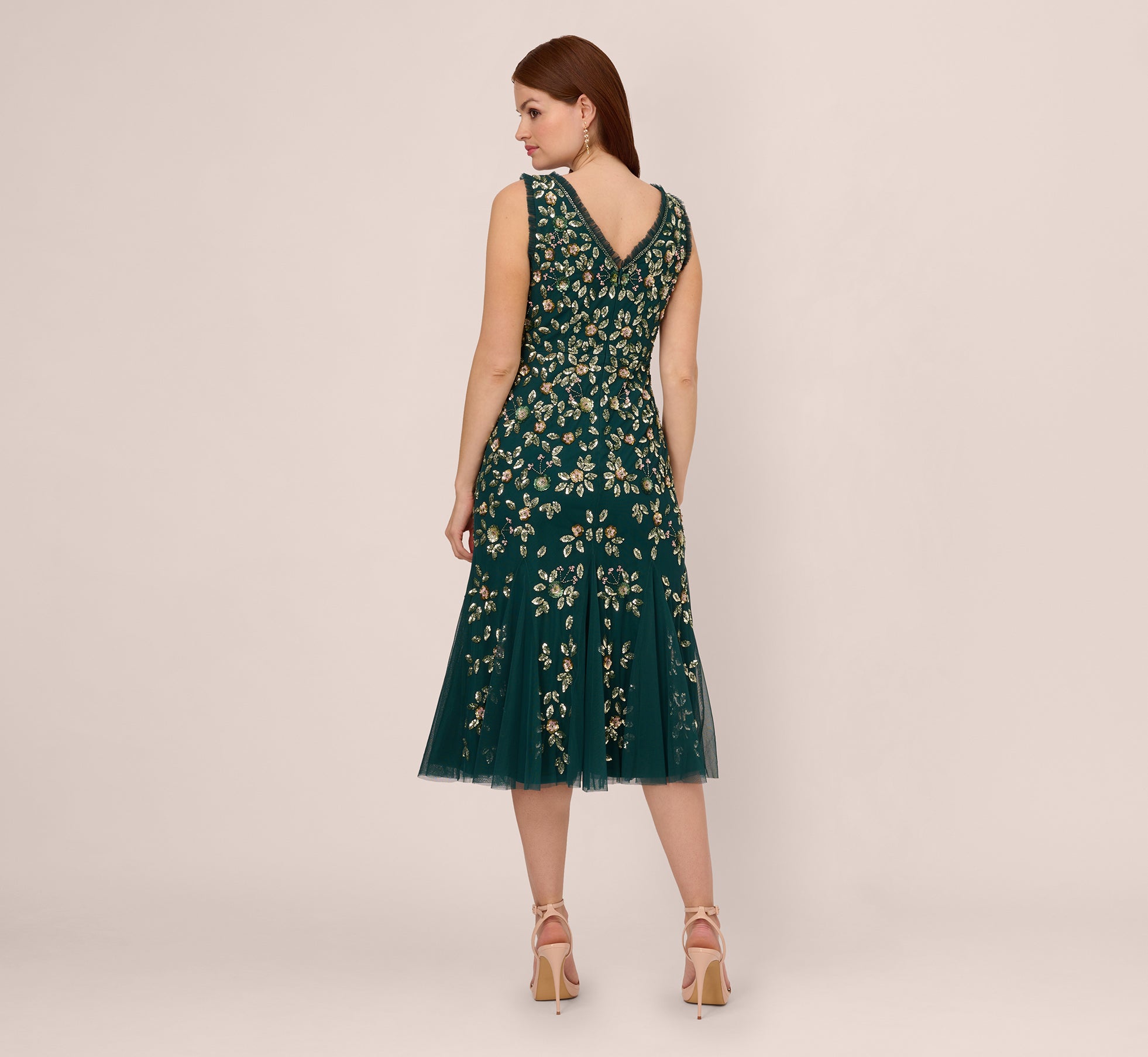Floral Beaded Midi Dress With Godet Skirt In Gem Green | Adrianna