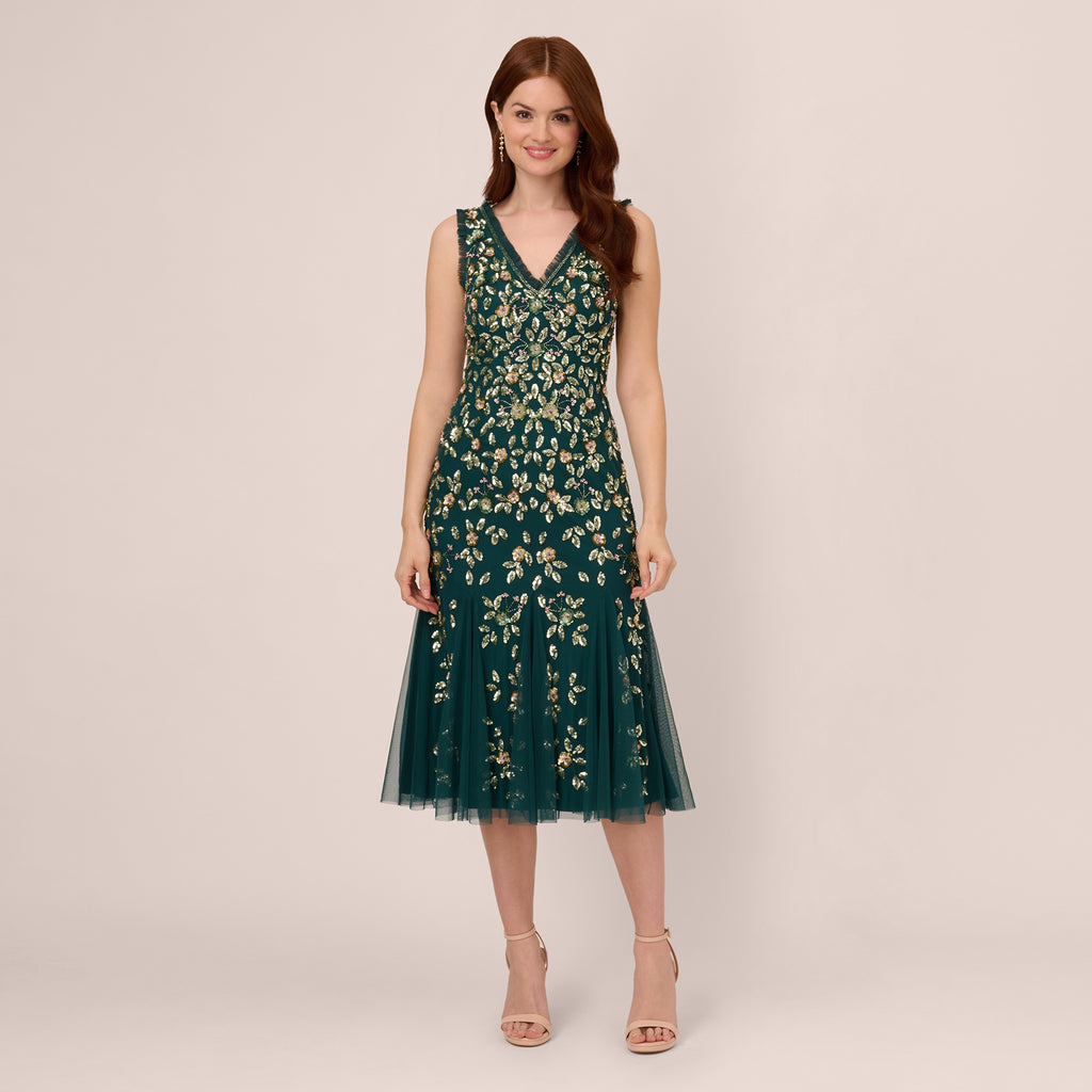 Floral Beaded Midi Dress With Godet Skirt In Gem Green