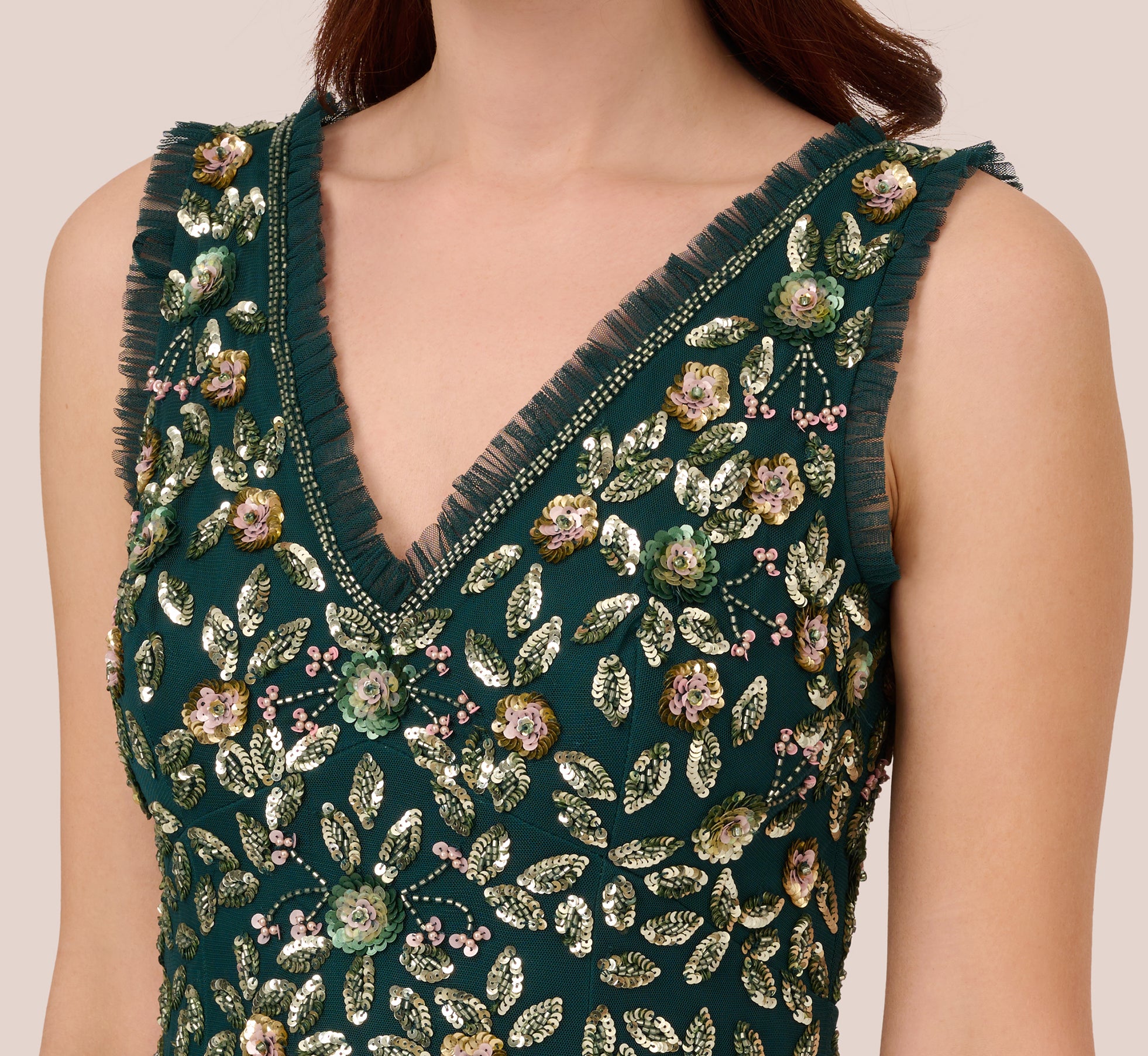 Floral Beaded Midi Dress With Godet Skirt In Gem Green Adrianna