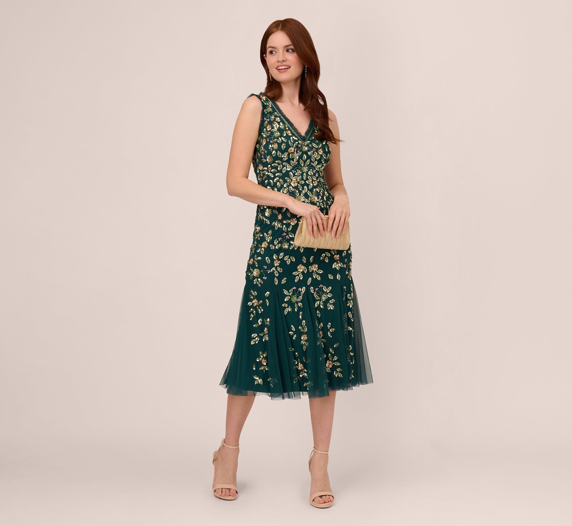 Floral Beaded Midi Dress With Godet Skirt In Gem Green Adrianna