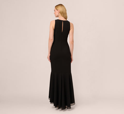 High Low Crepe Halter Gown With Organza Draping In Black