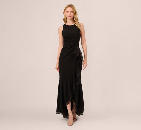 High Low Crepe Halter Gown With Organza Draping In Black