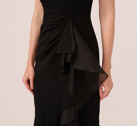 High Low Crepe Halter Gown With Organza Draping In Black