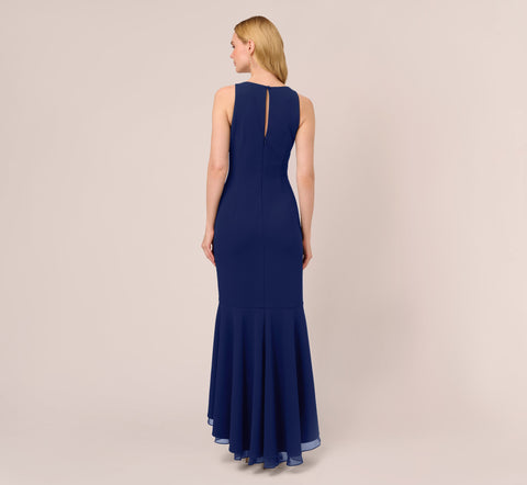 High Low Crepe Halter Gown With Organza Draping In Navy Sateen