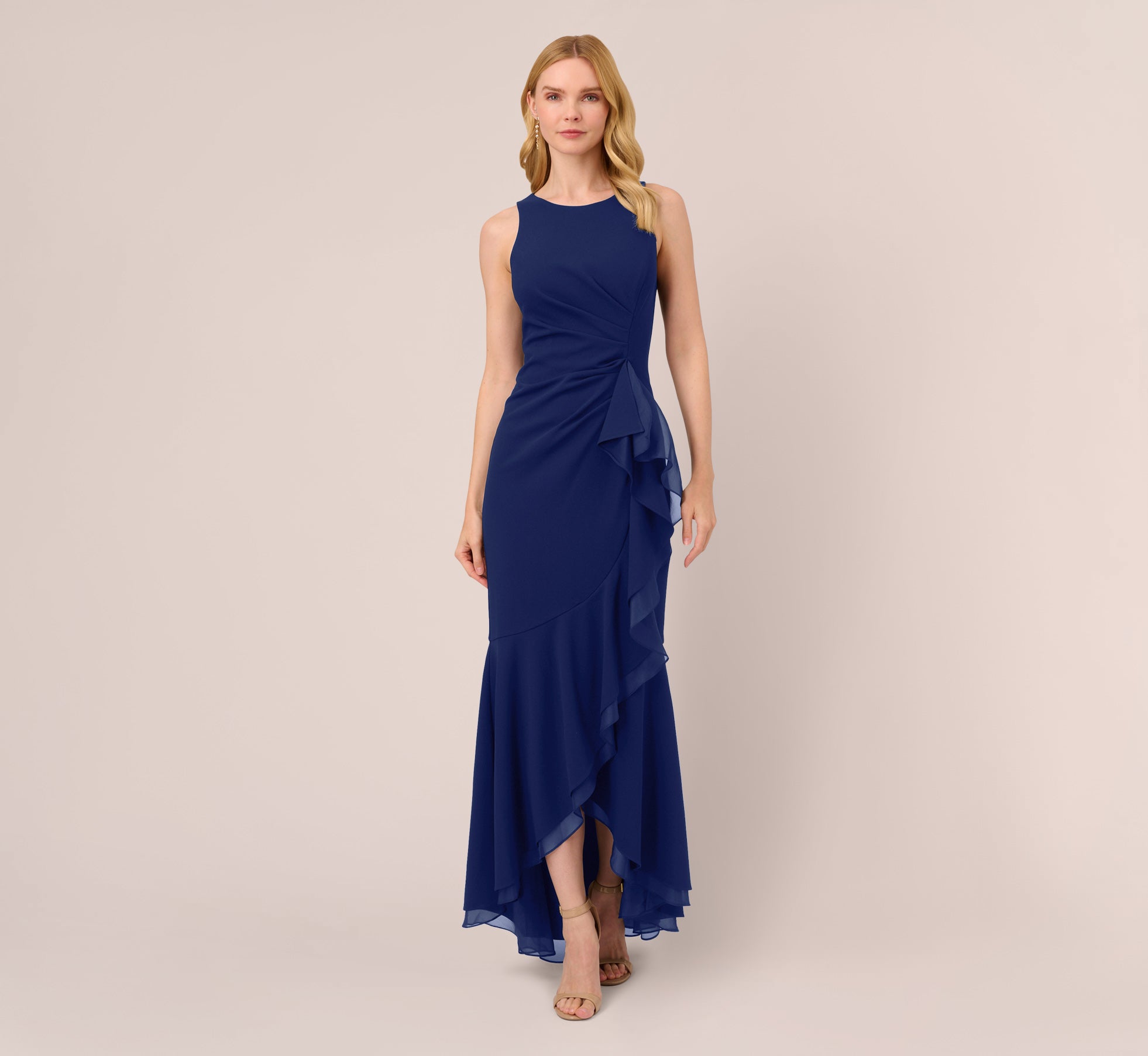 High Low Crepe Halter Gown With Organza Draping In Navy Sateen 1