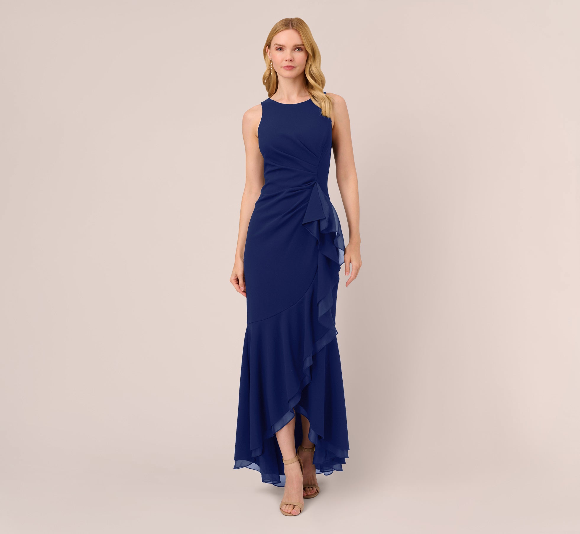 High Low Crepe Halter Gown With Organza Draping In Navy Sateen
