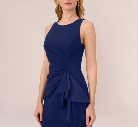 High Low Crepe Halter Gown With Organza Draping In Navy Sateen