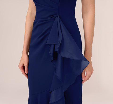 High Low Crepe Halter Gown With Organza Draping In Navy Sateen