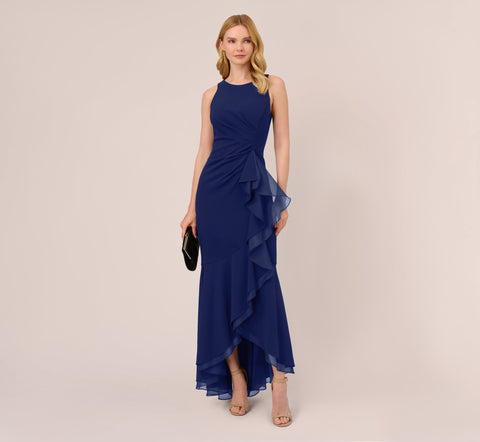 High Low Crepe Halter Gown With Organza Draping In Navy Sateen