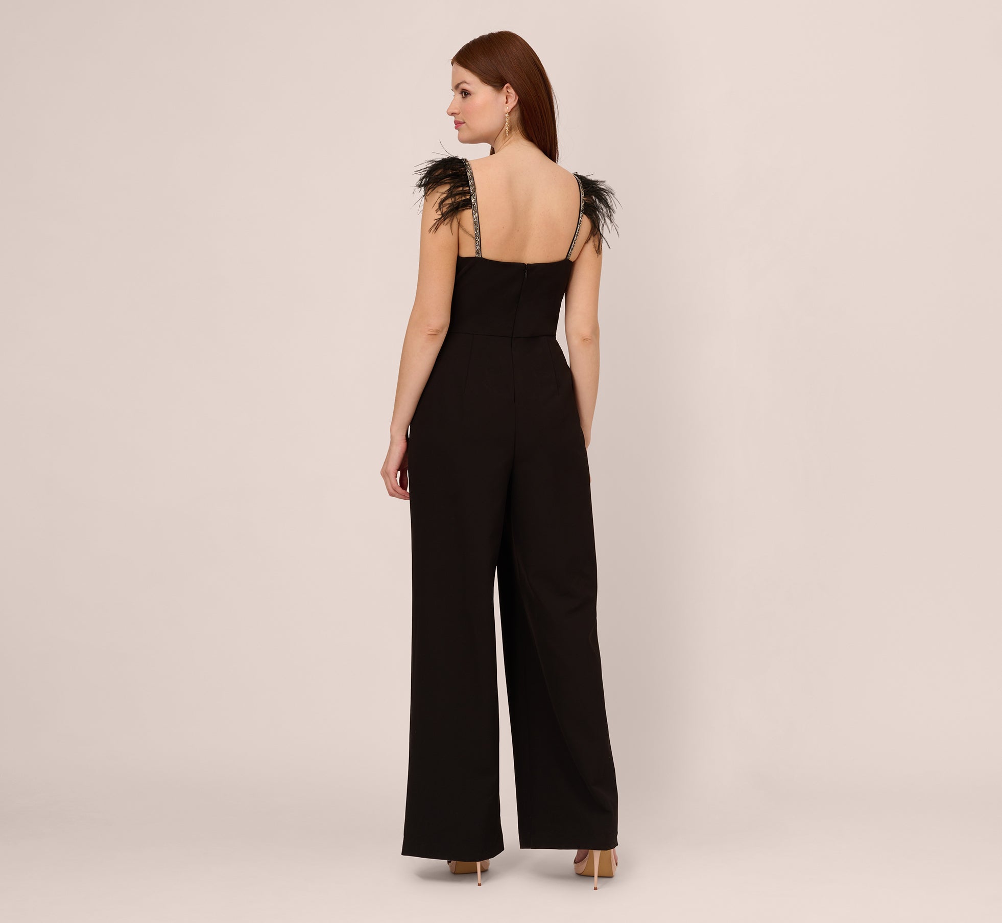 Crepe Wide Leg Jumpsuit With Bead And Feather Accents In Black