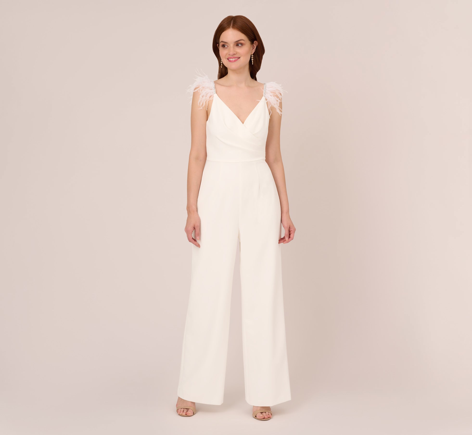 Crepe Wide Leg Jumpsuit With Bead And Feather Accents In Ivory