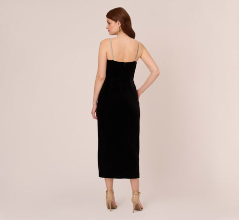 Velvet Ankle-Length Wrap Gown With Stone Straps In Black