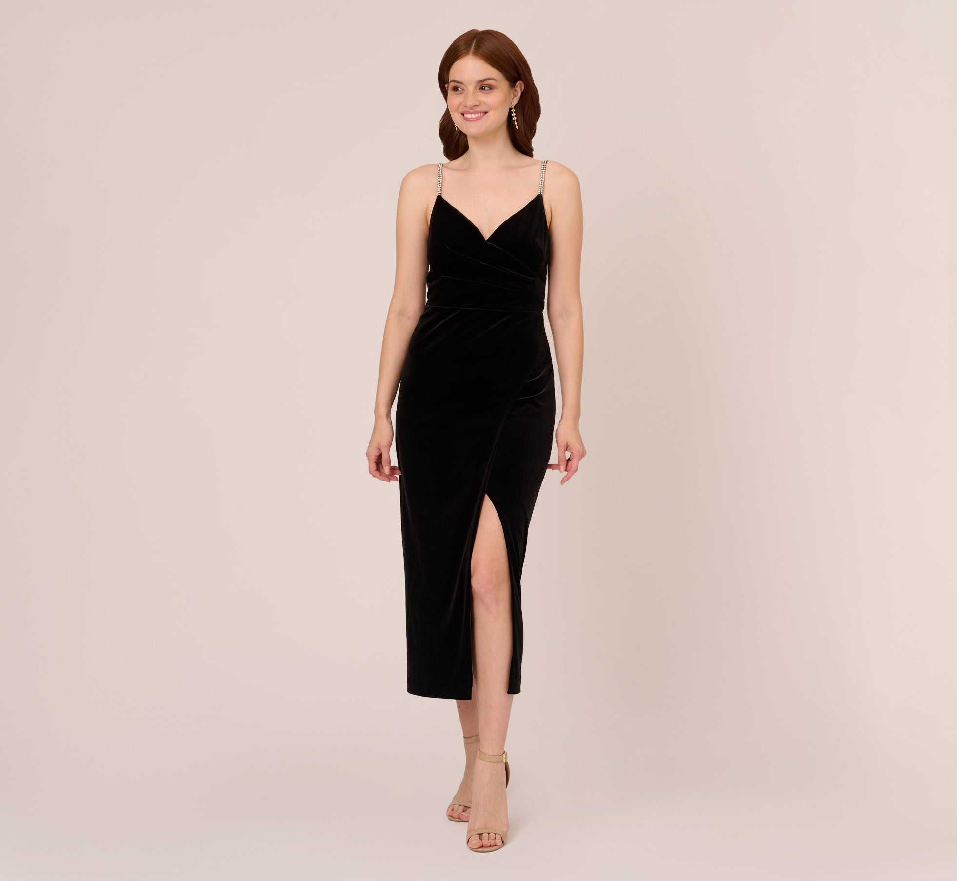 Velvet Ankle Length Wrap Gown With Stone Straps In Black