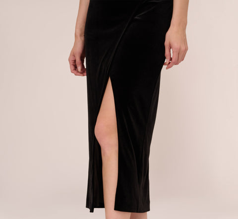 Velvet Ankle-Length Wrap Gown With Stone Straps In Black