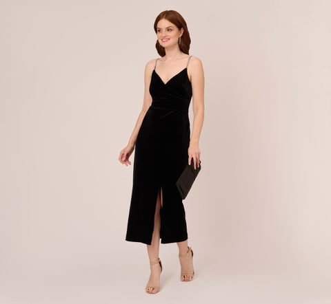 Velvet Ankle-Length Wrap Gown With Stone Straps In Black