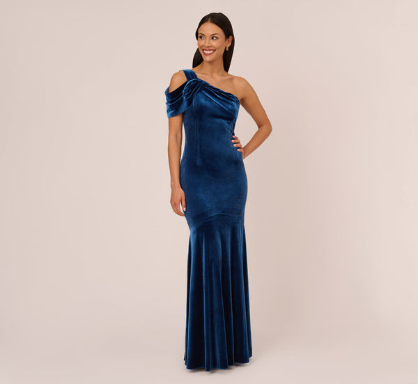 One Shoulder Velvet Mermaid Gown With Drape Sleeve In Ocean