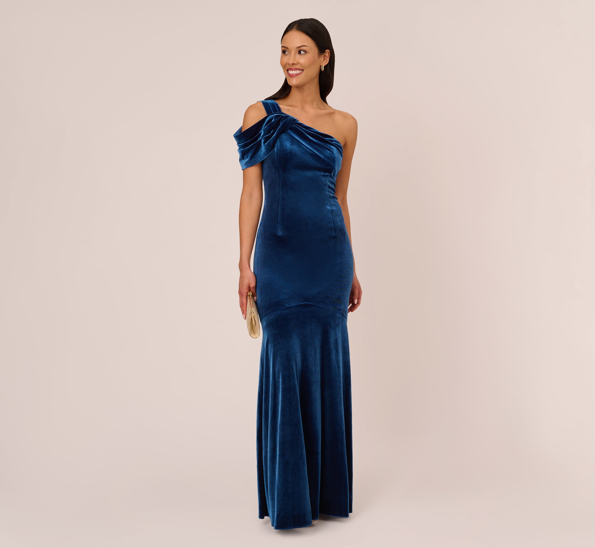 One Shoulder Velvet Mermaid Gown With Drape Sleeve In Ocean Wave