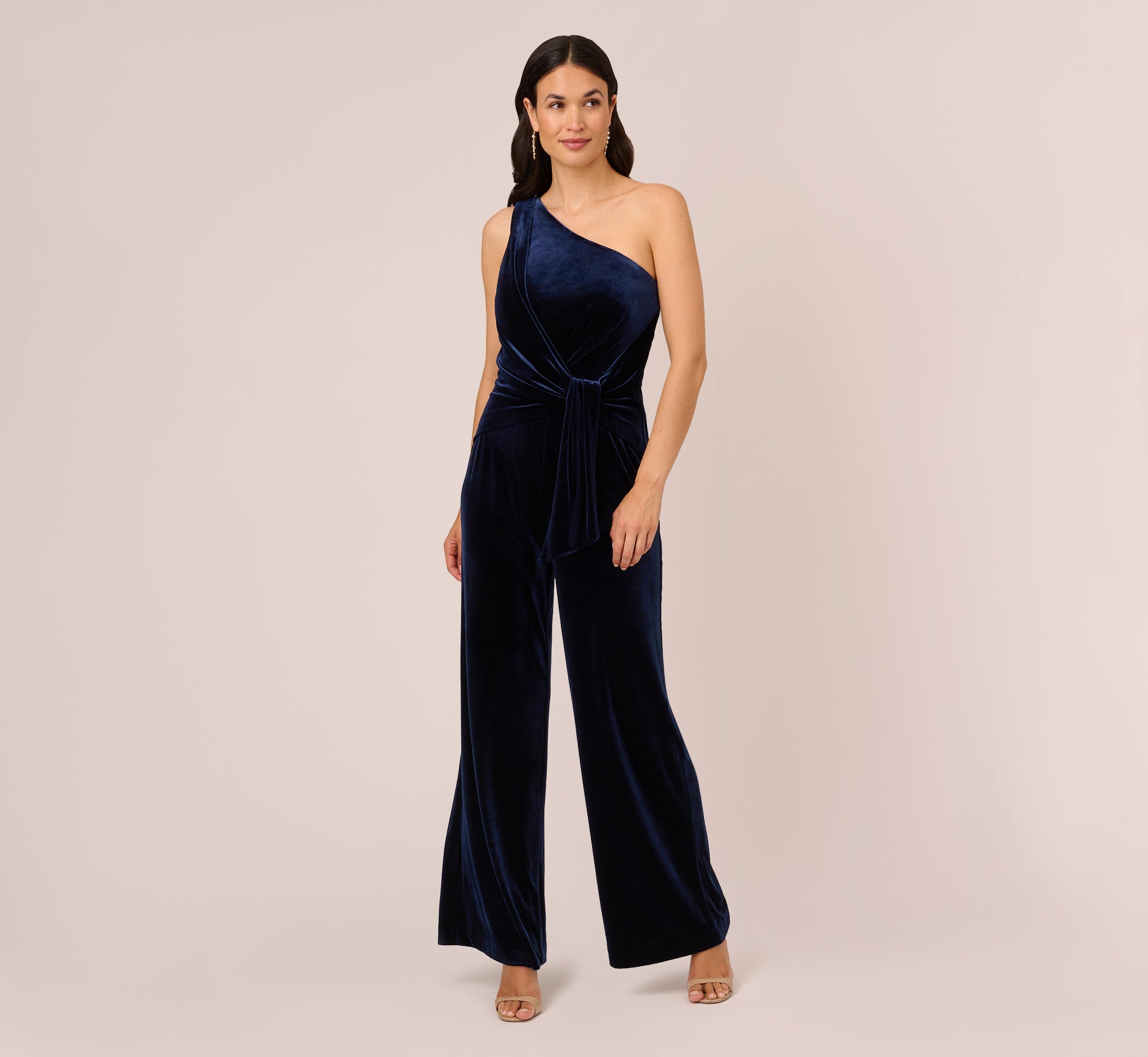 One Shoulder Velvet Jumpsuit With Draped Accent In Midnight