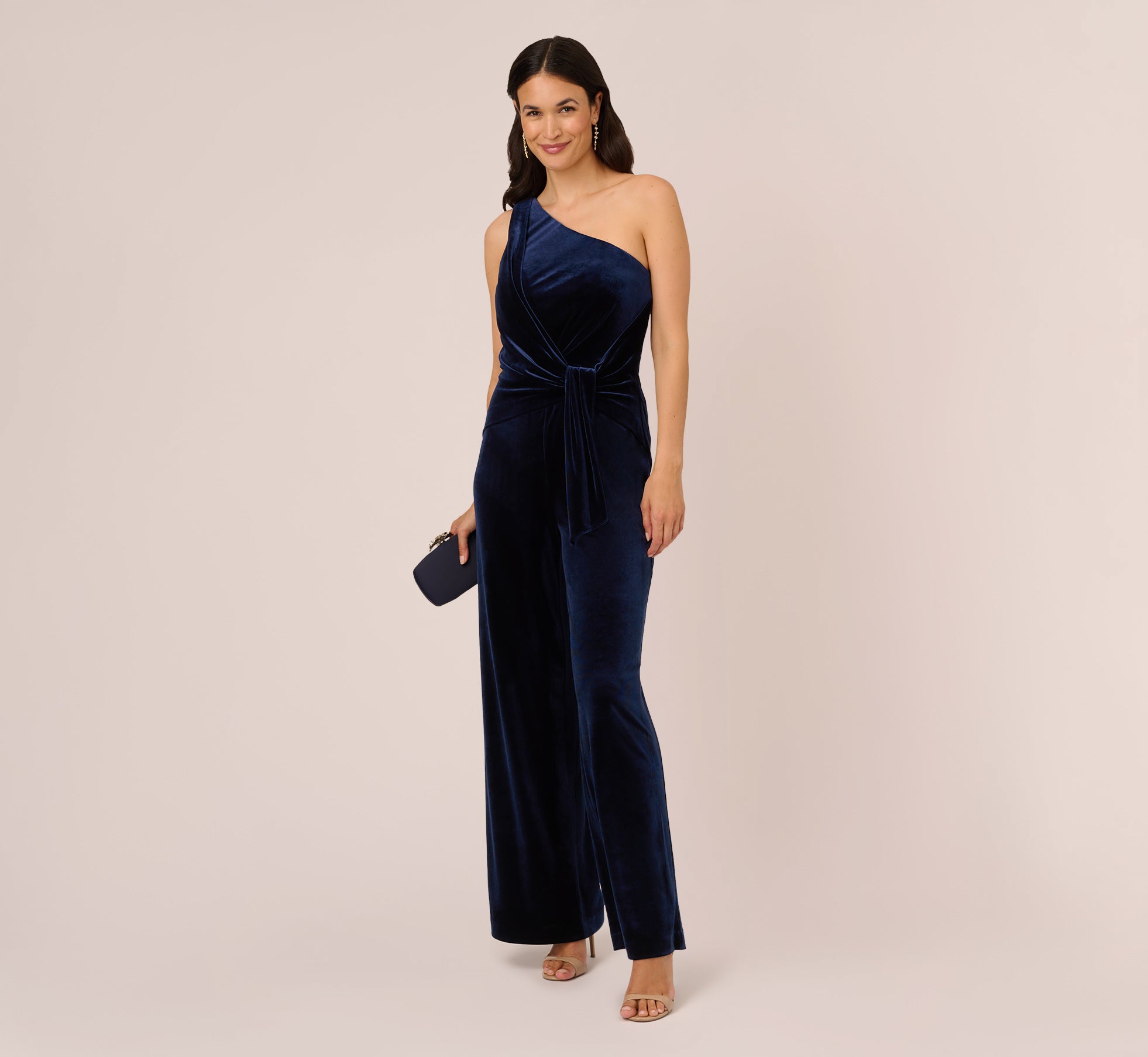 One Shoulder Velvet Jumpsuit With Draped Accent In Midnight