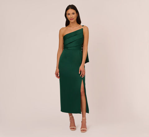 Satin Crepe One Shoulder Gown With Metal Ring Accent In Deep Forest