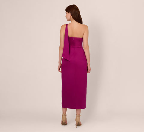 Satin Crepe One Shoulder Gown With Metal Ring Accent In Wild Magenta