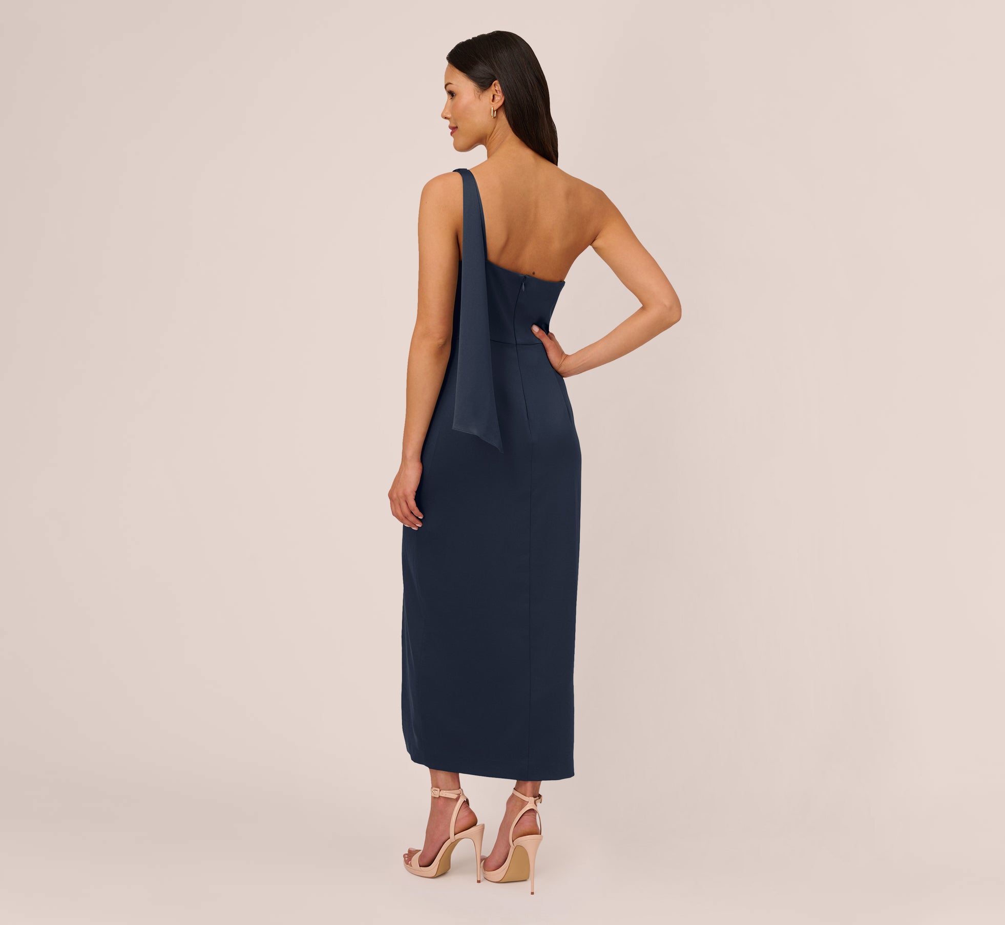 Satin Crepe One Shoulder Gown With Metal Ring Accent In Dark Navy