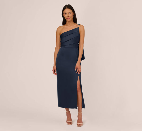 Satin Crepe One Shoulder Gown With Metal Ring Accent In Dark Navy