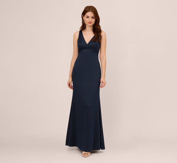 Satin Crepe Mermaid Gown With Lace Accent Cowl Back In Dark